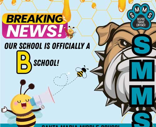 Breaking News! Our school is officially a B school! bee announcing to bulldog and paw reading 